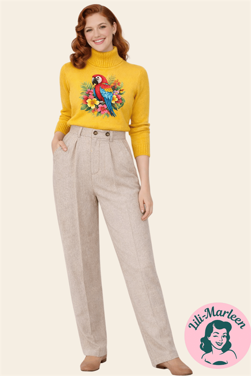 Miss Herringbone – Lyse Vintagebukser med Struktur